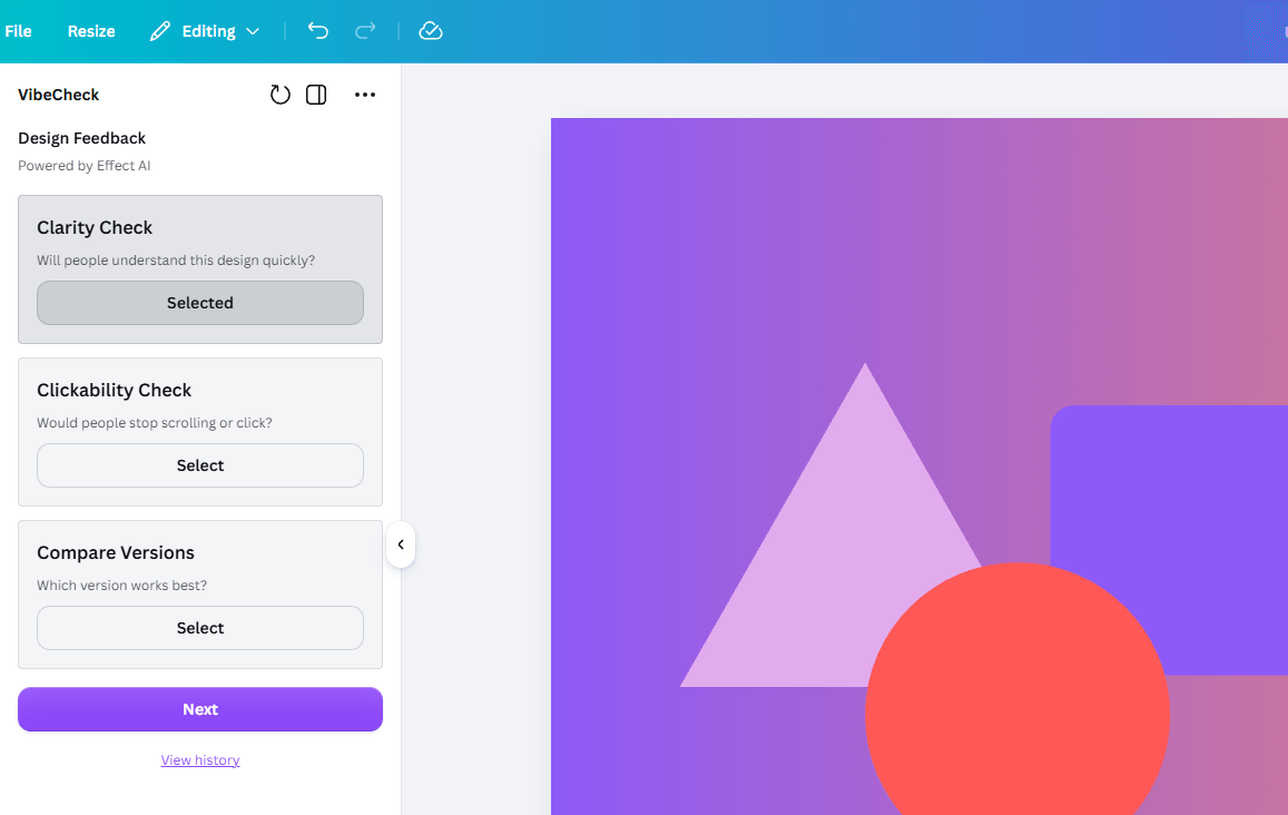 VibeCheck open in the Canva editor, with Clarity Check, Clickability Check, and Compare Versions to choose from
