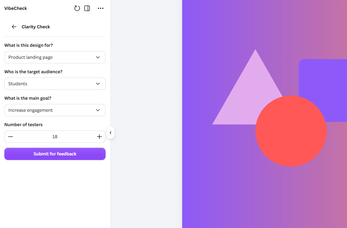 The Clarity Check form in VibeCheck, asking what the design is for, who the target audience is, the main goal, and the number of testers