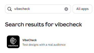Searching for VibeCheck in the Canva Apps Marketplace