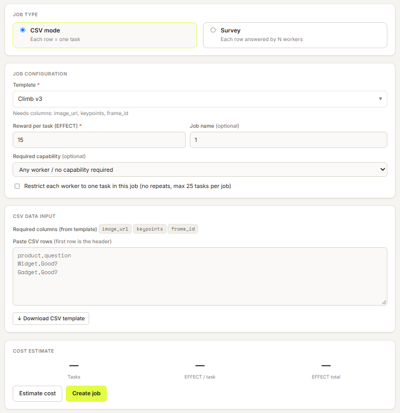 The console's Create Job tab: job type, job configuration with the template, reward and job name, CSV data input listing the template's required columns, and the cost estimate with the Create job button