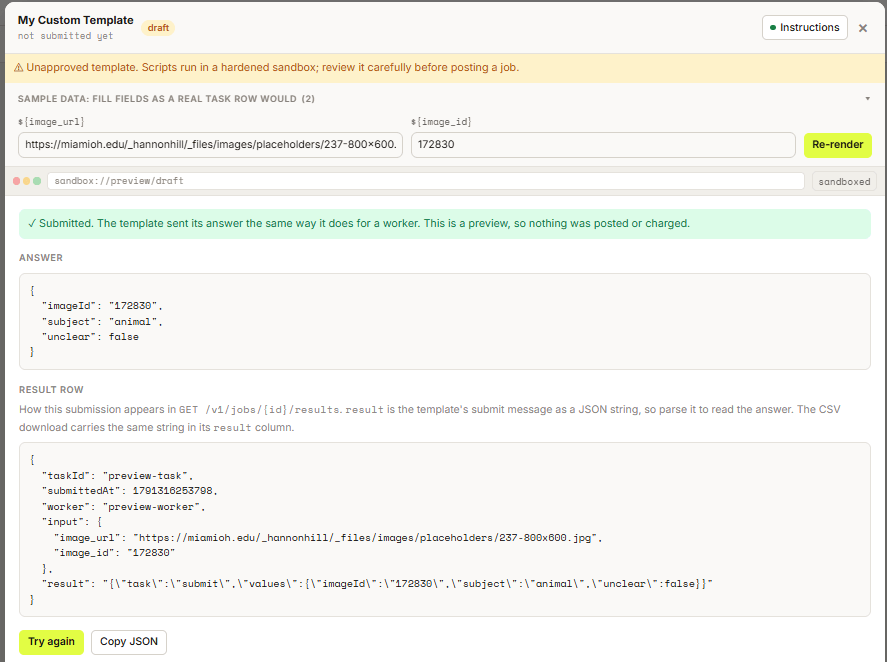 The console preview after pressing Submit: a confirmation that nothing was posted or charged, the Answer as JSON, and the Result row exactly as the results API returns it