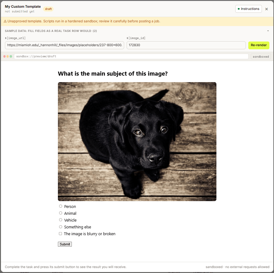 The console's template preview, with sample values for image_url and image_id filled in above the rendered task